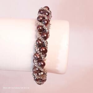 Metallic Beaded Bracelet With Spiraling Clear Seed Beads Magnetic Clasp